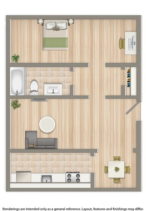 Floor plan for 1 bed, 1 bath, 675 sqft